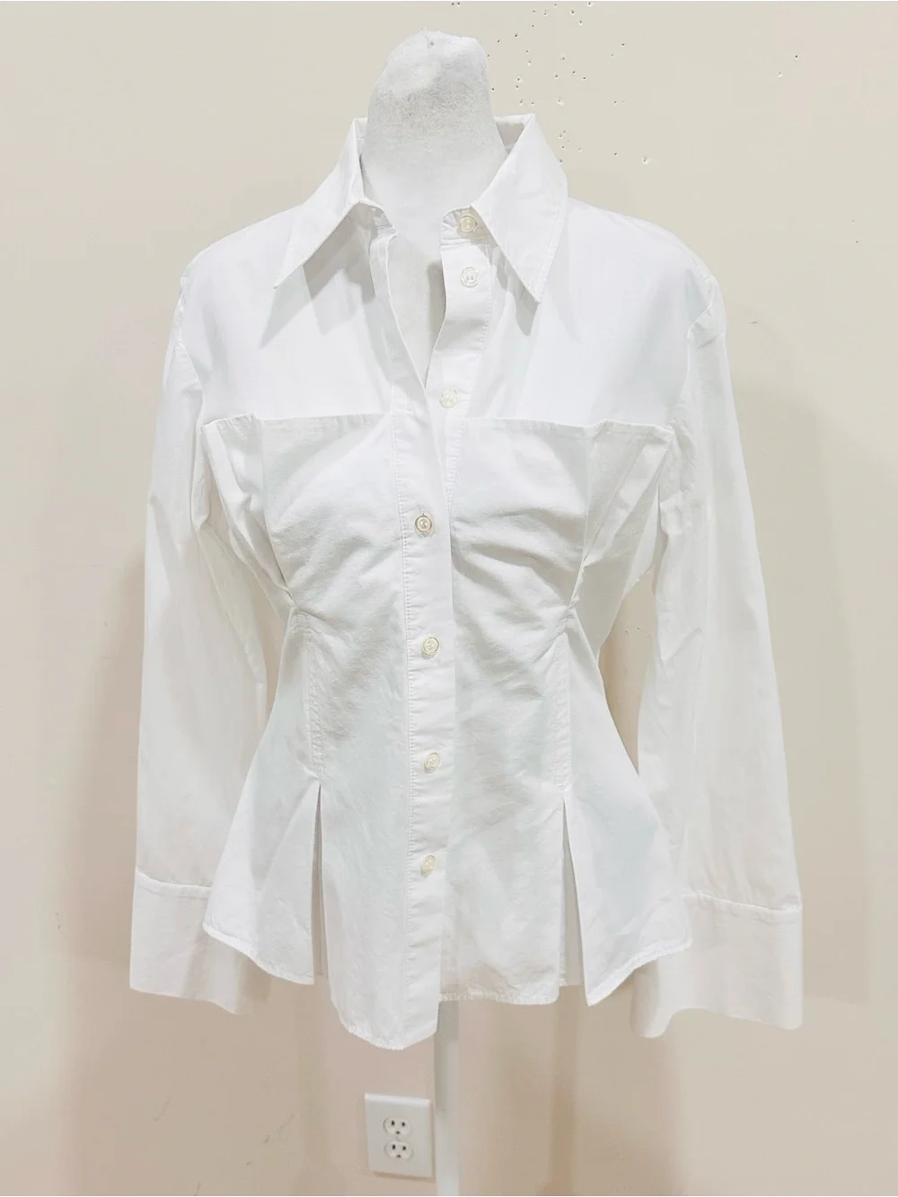 Zara White Poplin Corset Shirt Pleated Waist Ext Cuff Blouse M - Picture 5 of 12